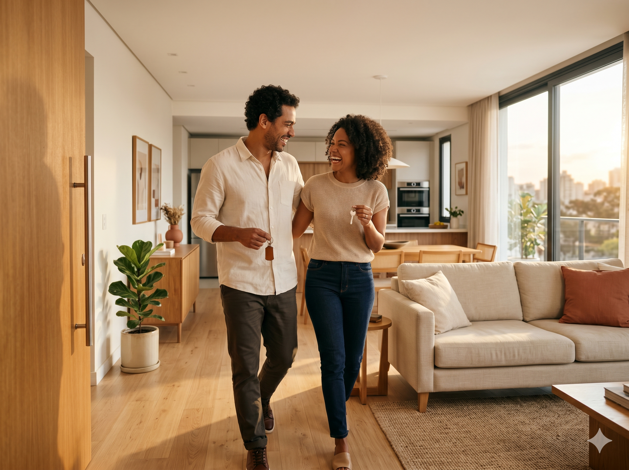 Casal feliz entrando em um apartamento novo